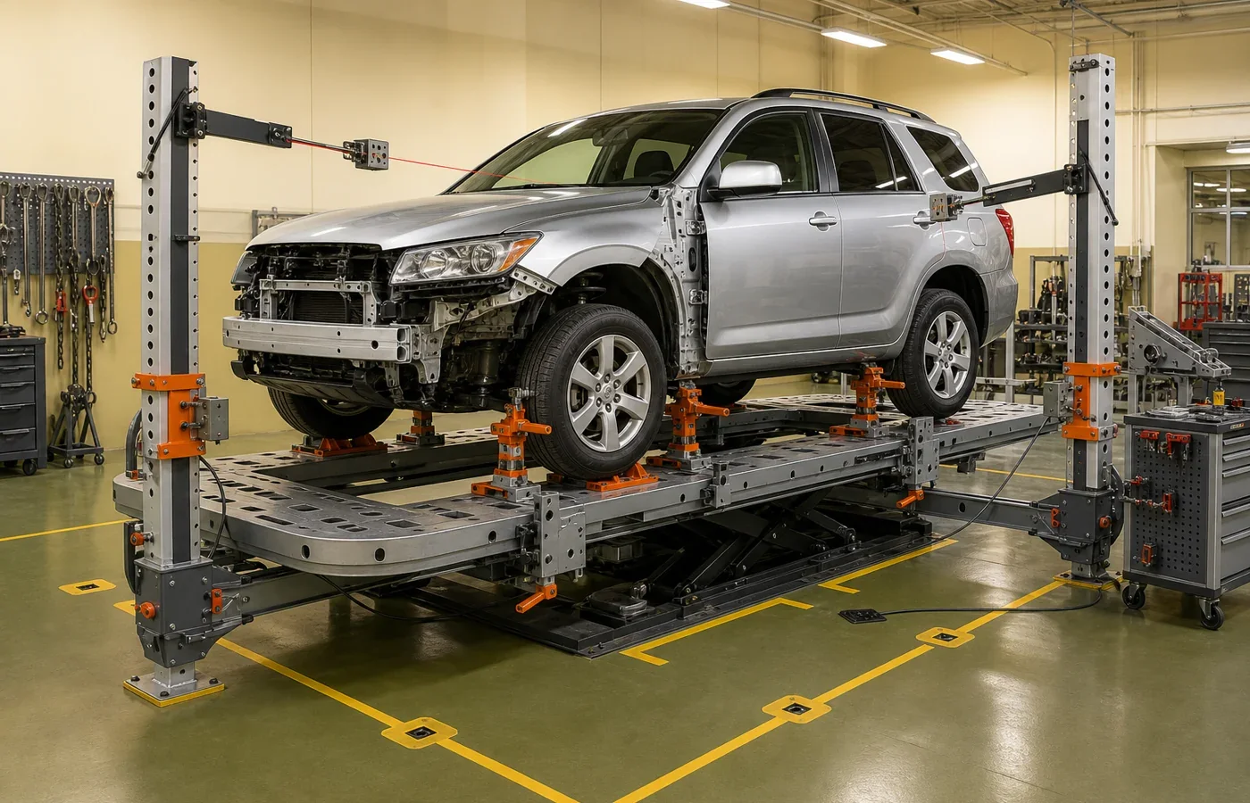 Stanowisko laserowej geometrii z podniesionym pojazdem SUV w warsztacie, 1400x900 px